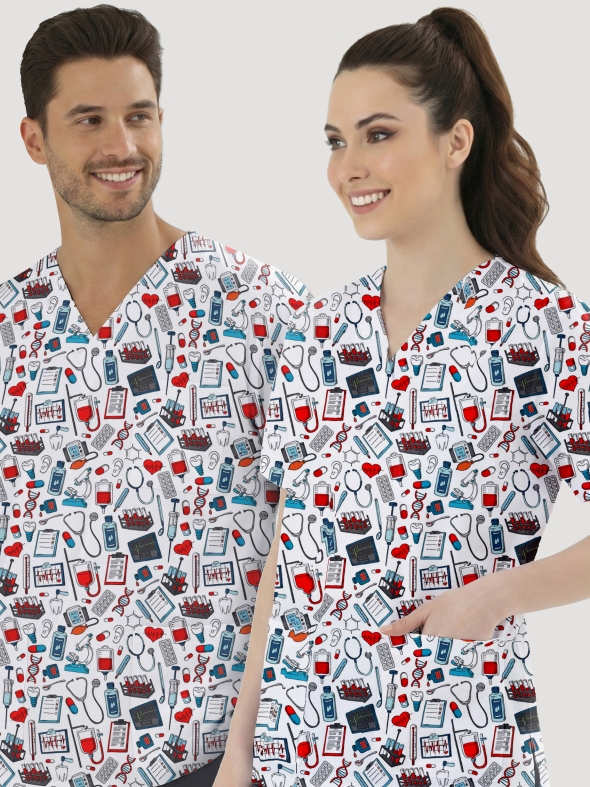 Medikal Desenli Tek Üst (Cotton Likra Kumaş)