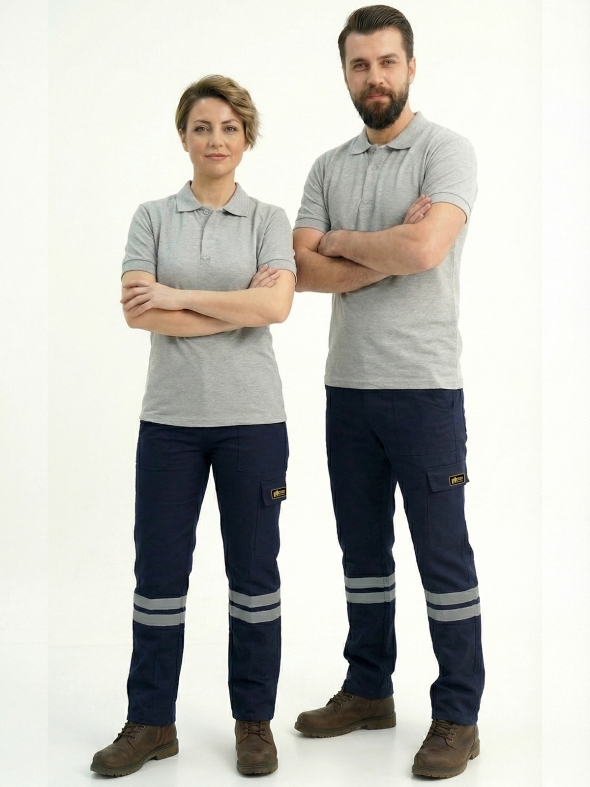 Lacivert 3 Cm Çift Sıra Reflektörlü İş Pantolonu Gabardin Kumaş