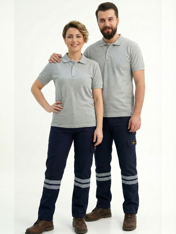 Gri Melanj Polo Yaka Kısa Kol İş Tişörtü Penye Lacoste Kumaş