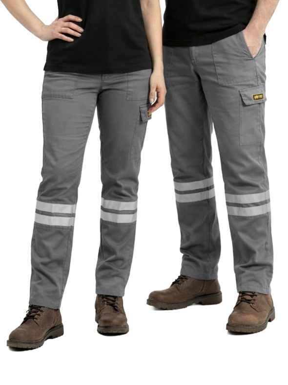 Gri 3 Cm Çift Sıra Reflektörlü İş Pantolonu Gabardin Kumaş