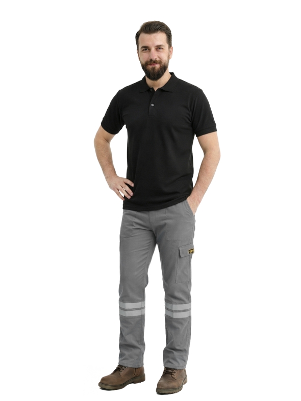 Gri 3 Cm Çift Sıra Reflektörlü İş Pantolonu Gabardin Kumaş
