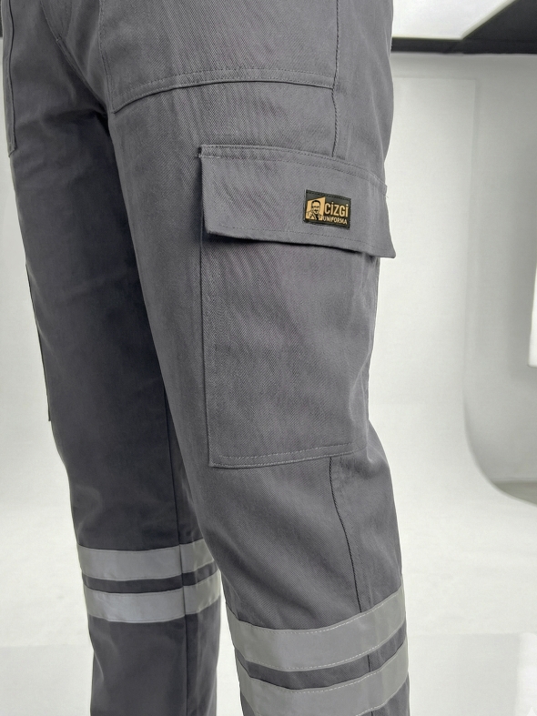 Gri 3 Cm Çift Sıra Reflektörlü İş Pantolonu Gabardin Kumaş