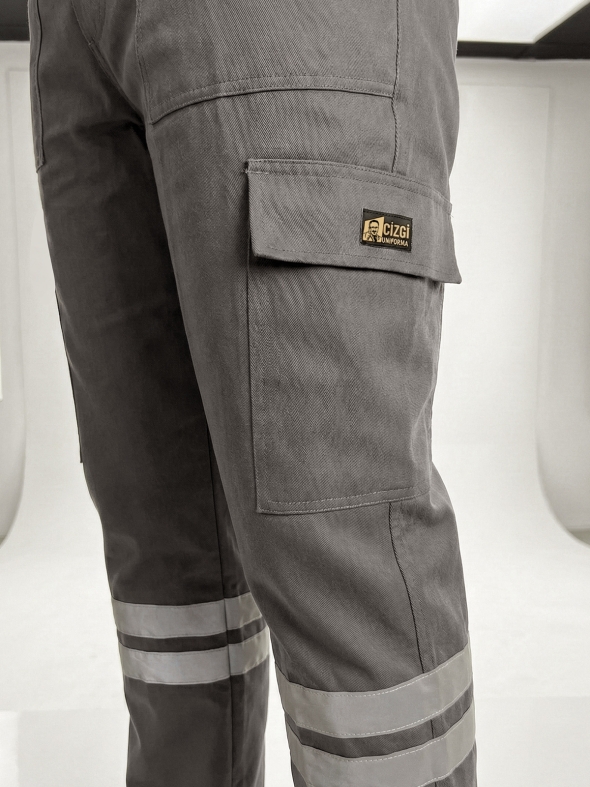 Antrasit 3 Cm Çift Sıra Reflektörlü Likralı Gabardin Kumaş İş Pantolonu