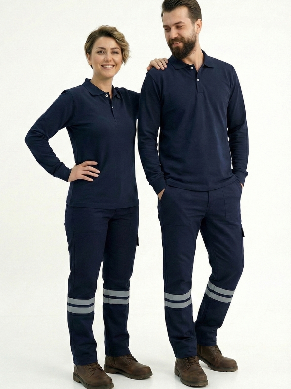 Lacivert Polo Yaka Uzun Kol İş Sweatshirtü Penye Lacoste Kumaş