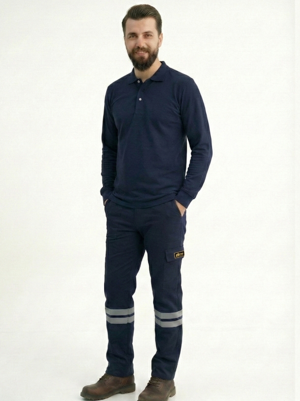 Lacivert Polo Yaka Uzun Kol İş Sweatshirtü Penye Lacoste Kumaş