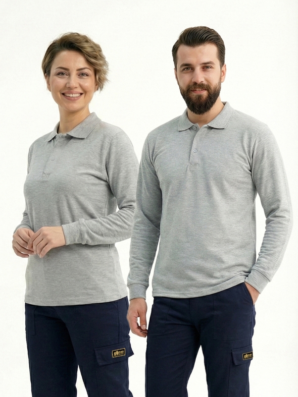 Gri Melanj Polo Yaka Uzun Kol İş Sweatshirtü Penye Lacoste Kumaş