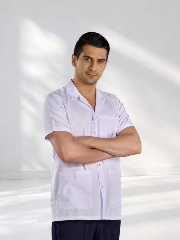 White Classic Collar Men's Short Sleeve Lab Coat Alpaca Fabric