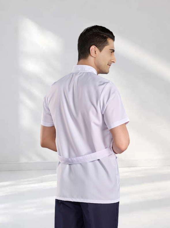 White Classic Collar Men's Short Sleeve Lab Coat Alpaca Fabric