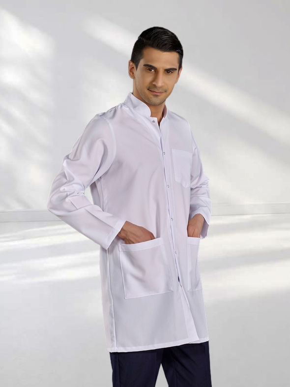 White Mandarin Collar Men's Lab Coat Alpaca Fabric