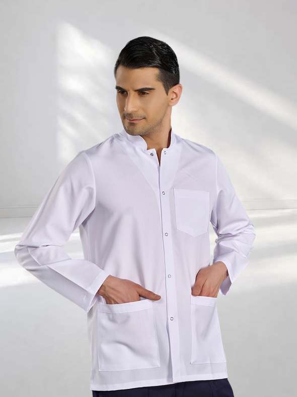 White Mandarin Collar Men's Lab Coat Alpaca Fabric