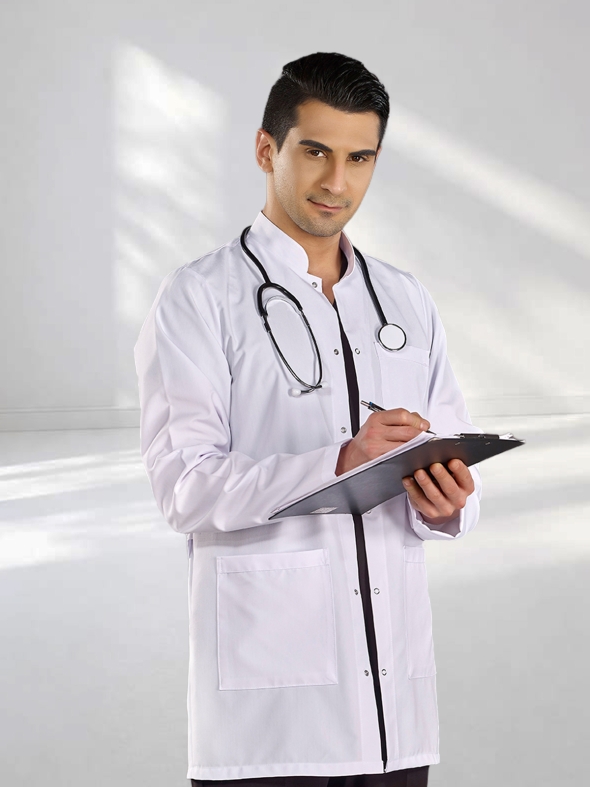 White Mandarin Collar Men's Lab Coat Alpaca Fabric