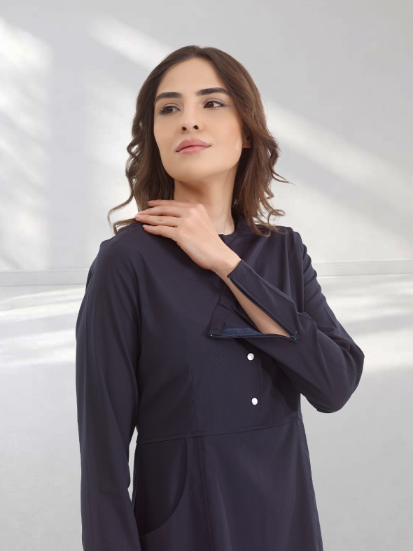 Lacivert Fermuarlı Tesettür Doktor Hemşire Medikal Scrubs Takım Lüks Likralı Kumaş