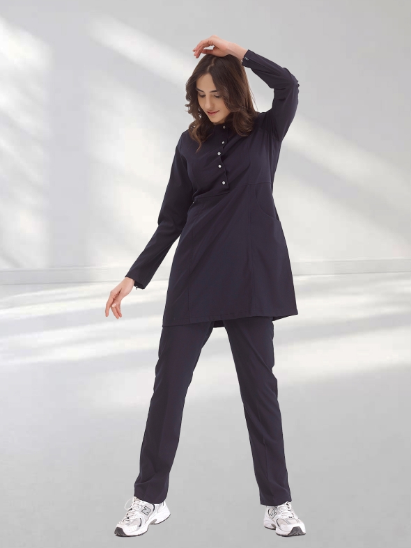 Lacivert Fermuarlı Tesettür Doktor Hemşire Medikal Scrubs Takım Lüks Likralı Kumaş