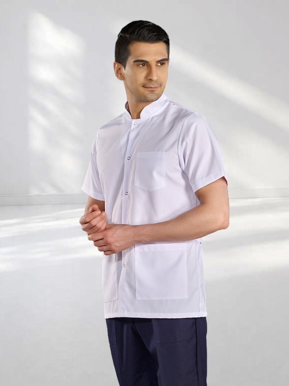 White Mandarin Collar Men's Short Sleeve Lab Coat Alpaca Fabric