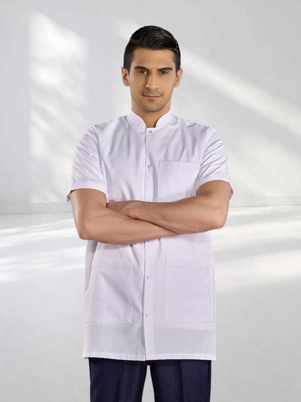 White Mandarin Collar Men's Short Sleeve Lab Coat Alpaca Fabric